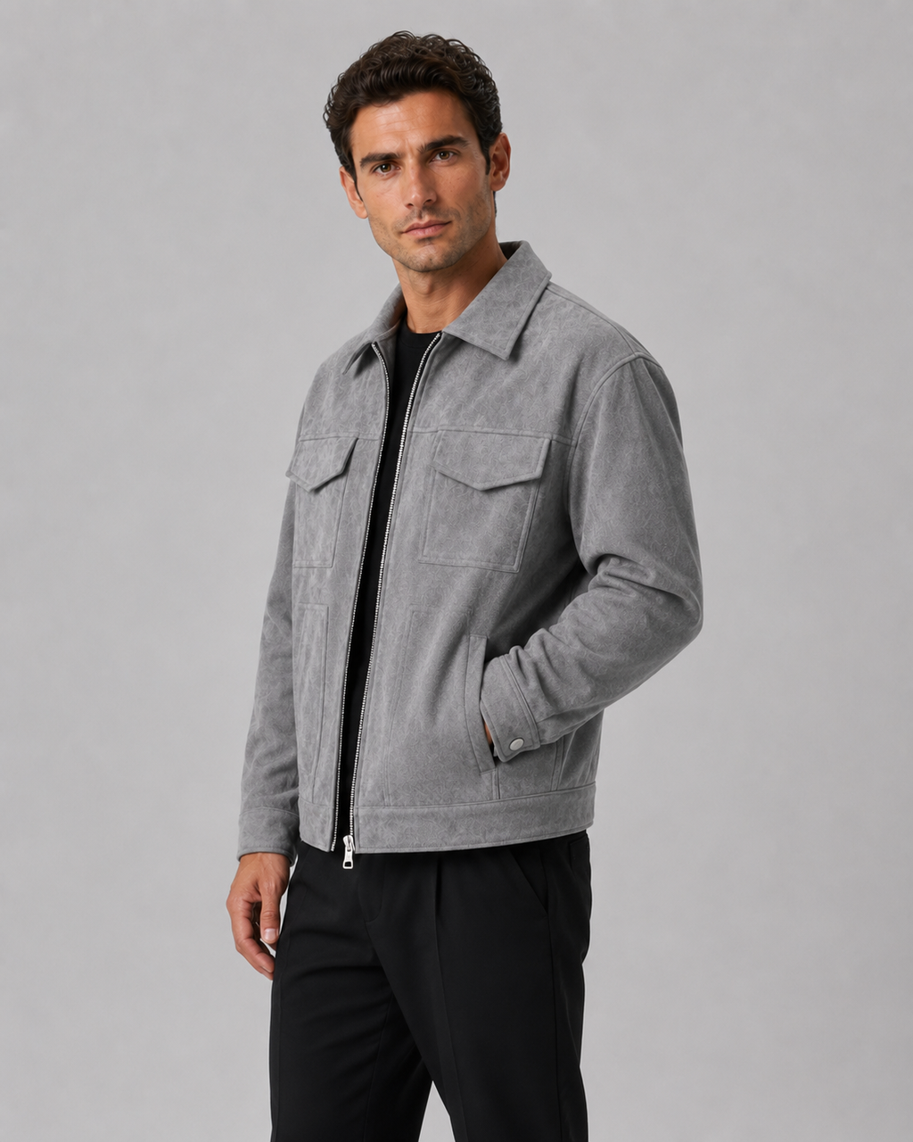 Men's textured collared zip jacket with flap pockets and long sleeves
