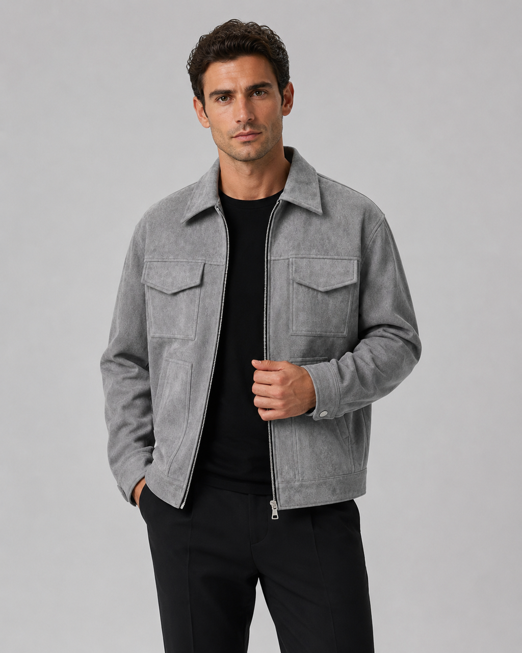 Men's textured collared zip jacket with flap pockets and long sleeves