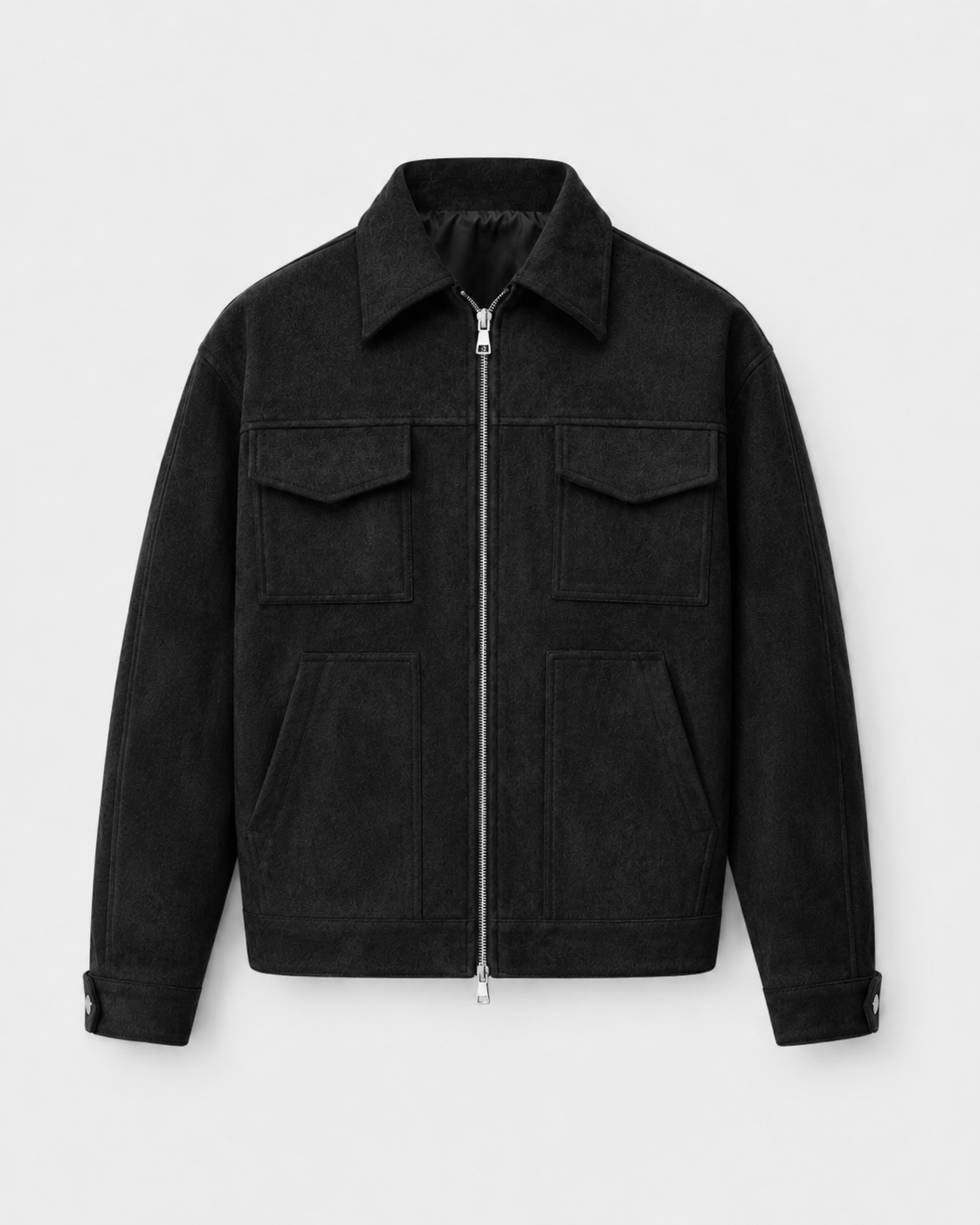 Men's textured collared zip jacket with flap pockets and long sleeves