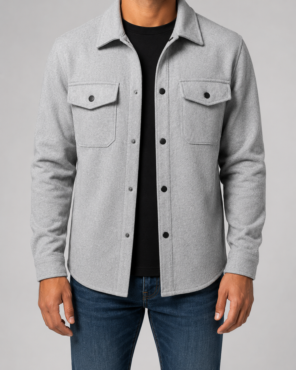 Men's brushed overshirt with pointed collar, snap front and flap chest pockets