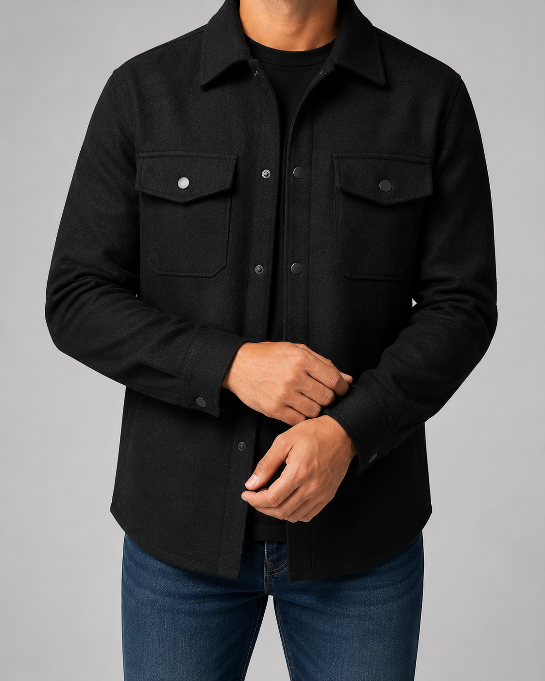 Men's brushed overshirt with pointed collar, snap front and flap chest pockets