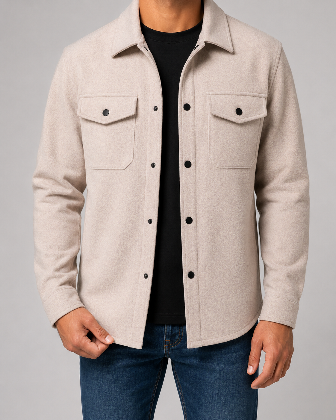 Men's brushed overshirt with pointed collar, snap front and flap chest pockets