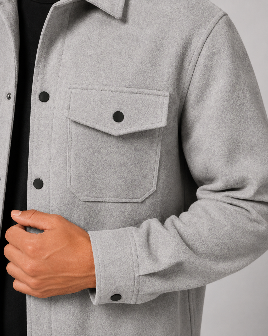 Men's brushed overshirt with pointed collar, snap front and flap chest pockets