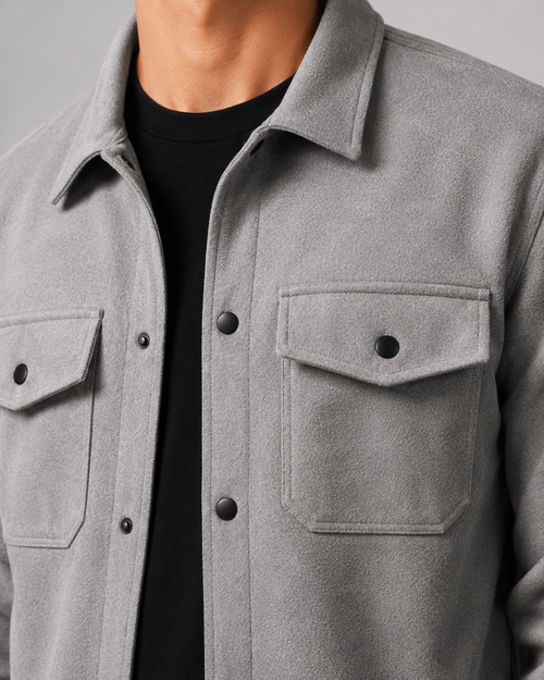Men's brushed overshirt with pointed collar, snap front and flap chest pockets