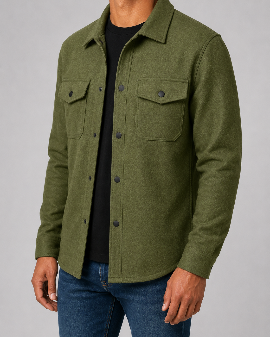 Men's brushed overshirt with pointed collar, snap front and flap chest pockets