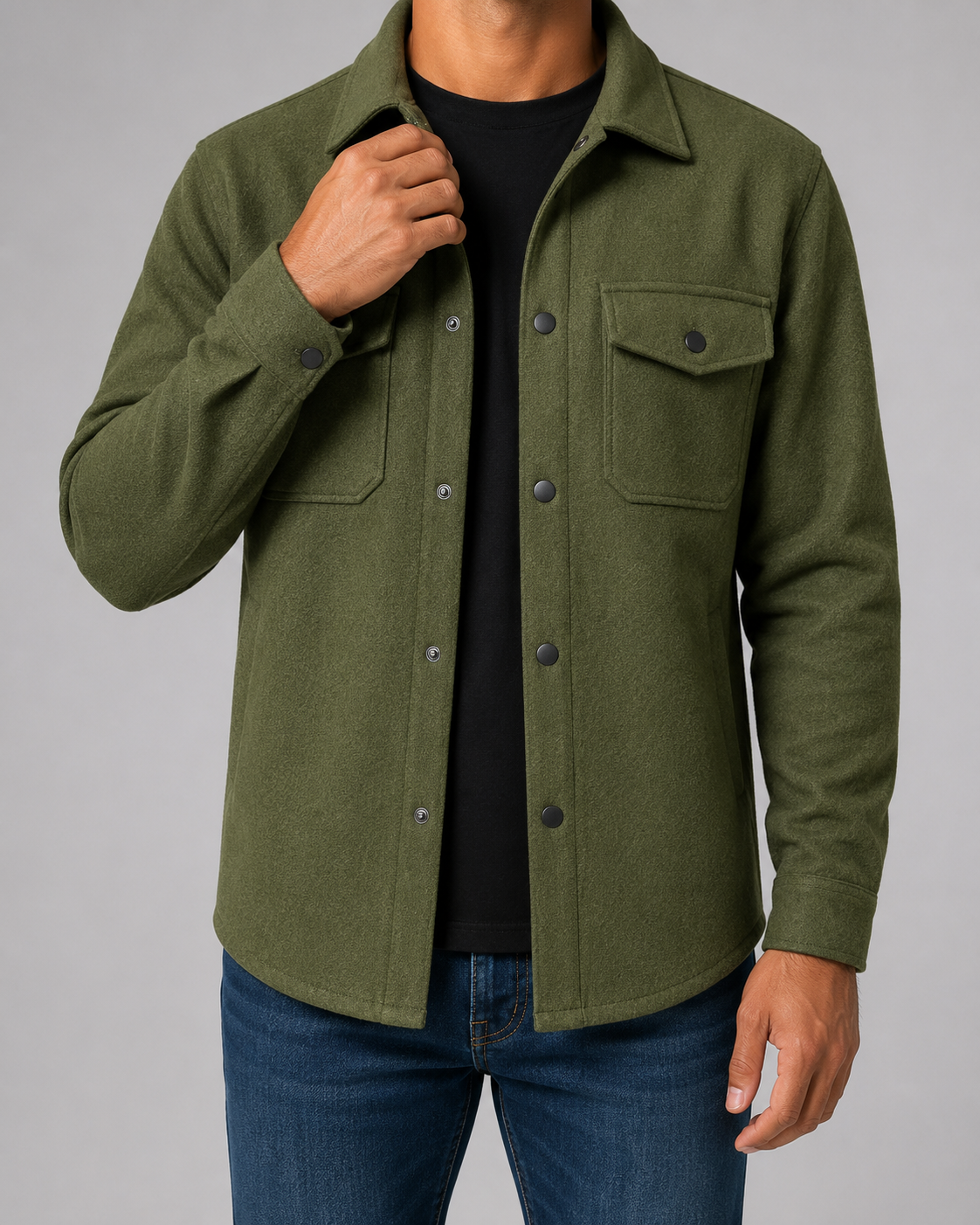 Men's brushed overshirt with pointed collar, snap front and flap chest pockets