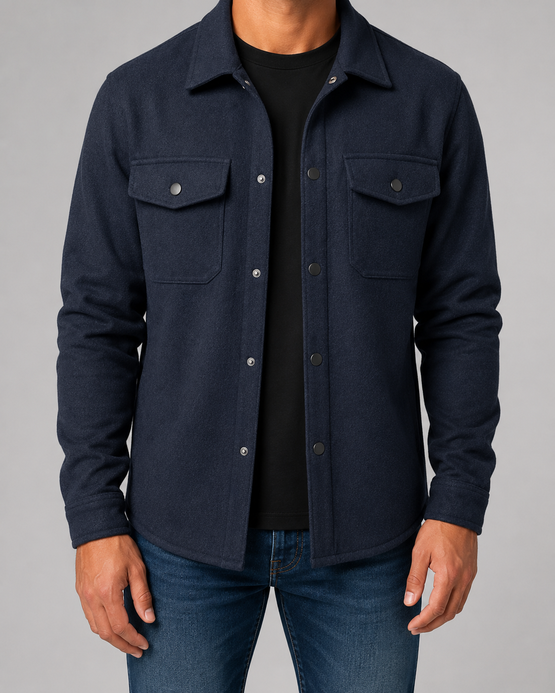 Men's brushed overshirt with pointed collar, snap front and flap chest pockets