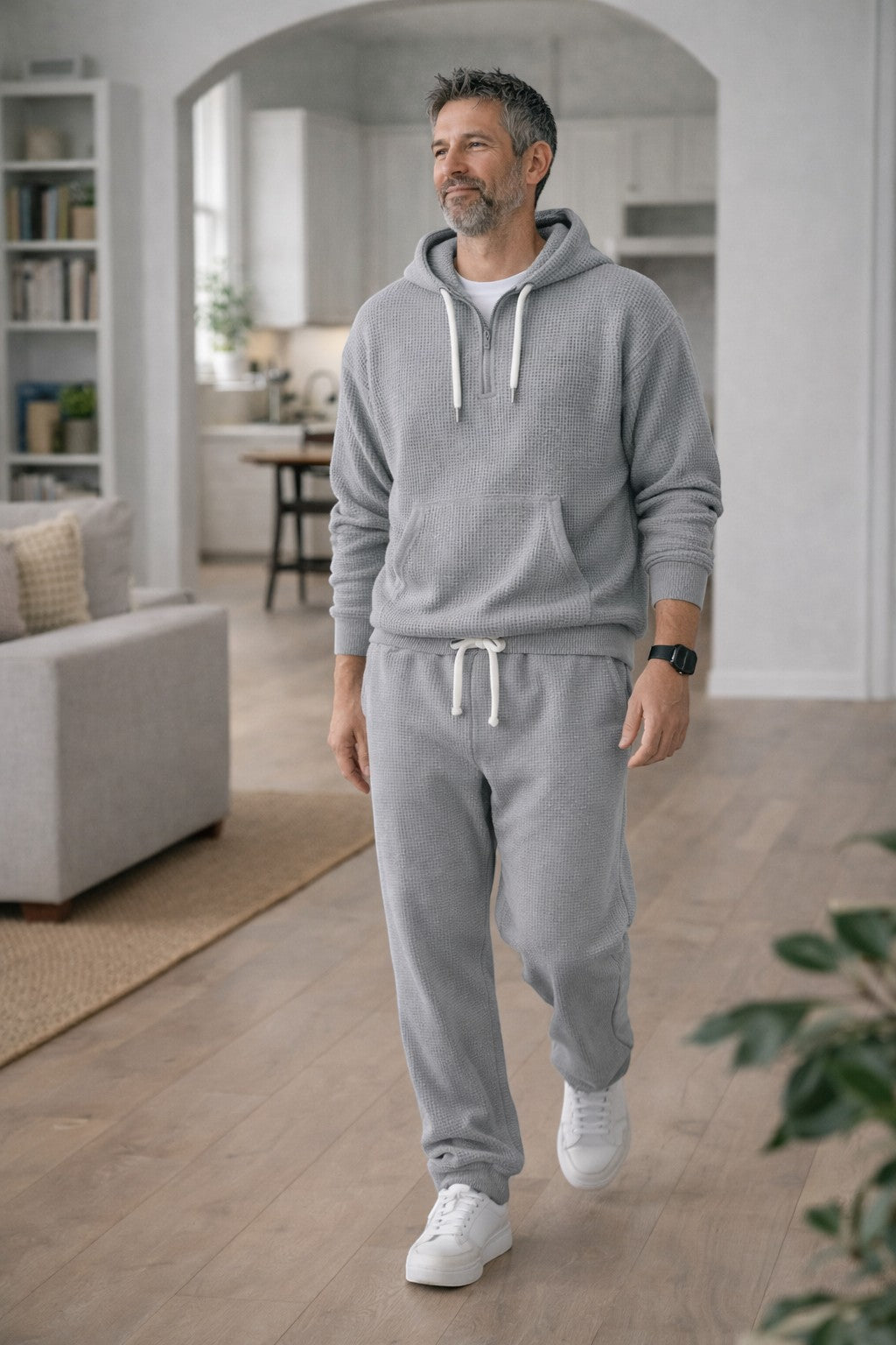 Ensemble pour homme, composé d’un sweat à capuche en maille gaufrée à demi-zip et d’un pantalon de jogging