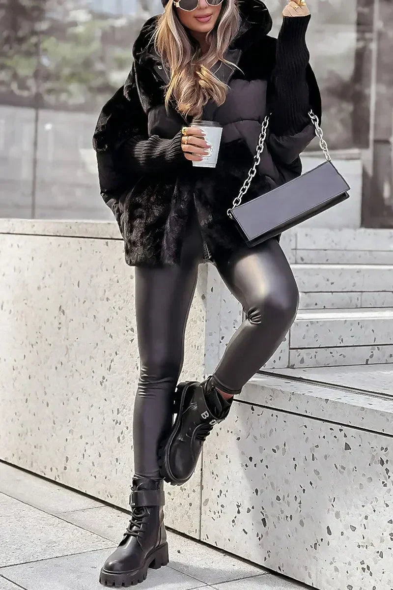Women's Oversized Faux Fur Patchwork Hooded Puffer Jacket