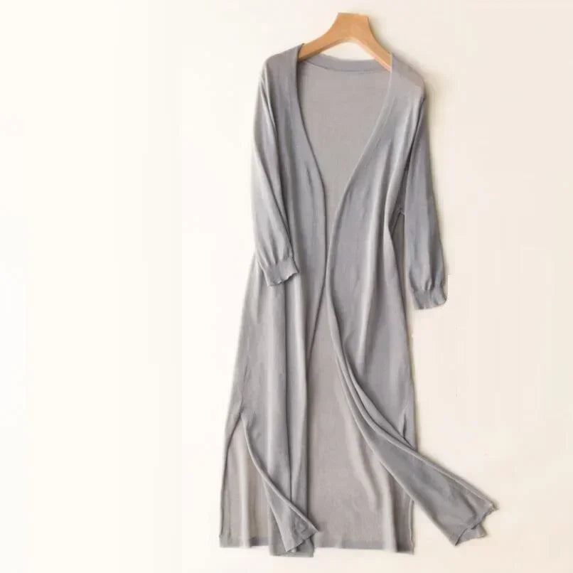 Women's open front long cardigan with draped maxi-length silhouette and ribbed cuffs