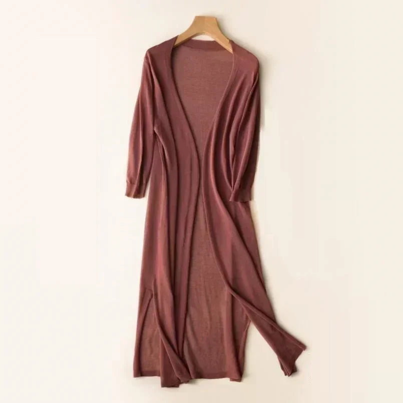 Women's open front long cardigan with draped maxi-length silhouette and ribbed cuffs