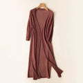 Women's open front long cardigan with draped maxi-length silhouette and ribbed cuffs