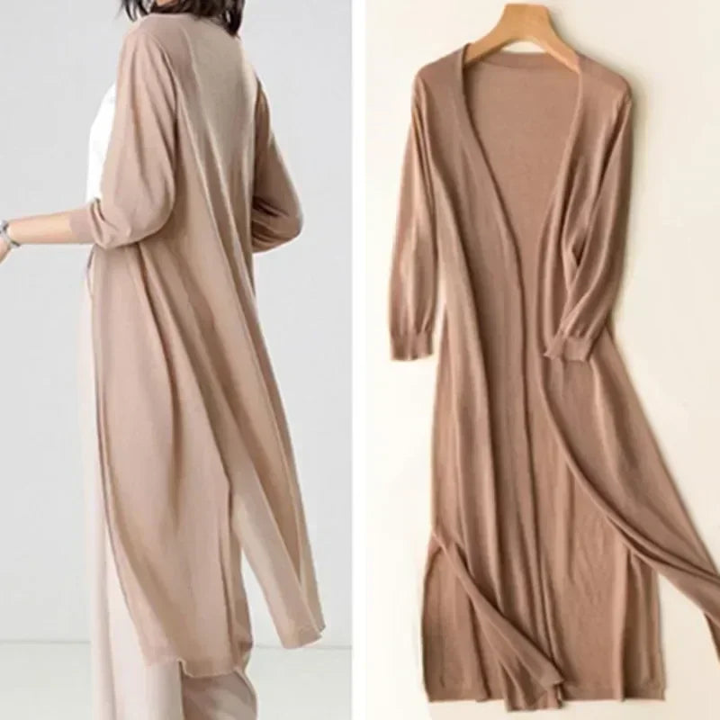 Women's open front long cardigan with draped maxi-length silhouette and ribbed cuffs