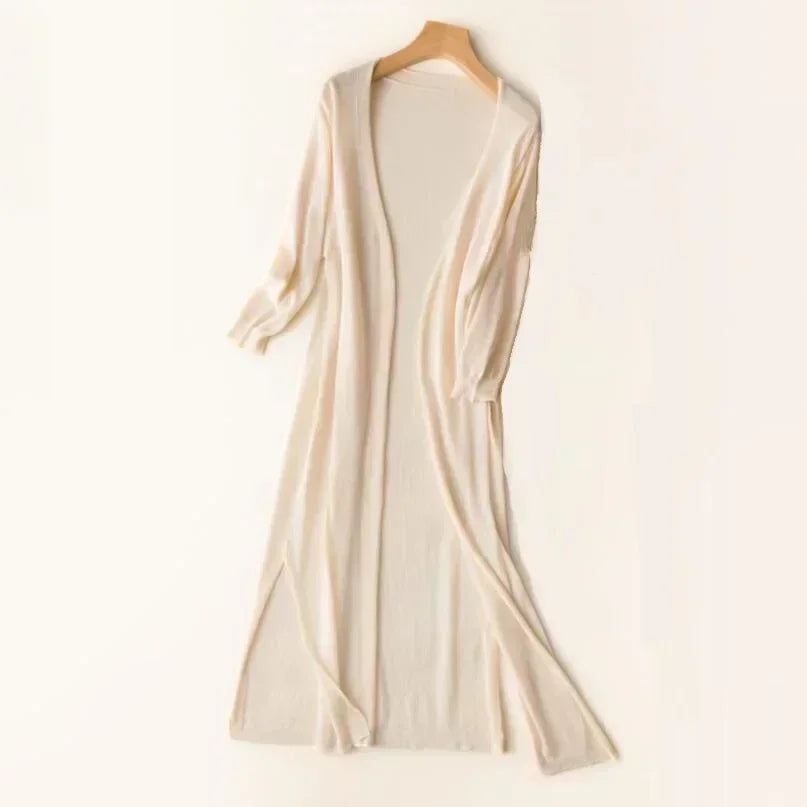 Women's open front long cardigan with draped maxi-length silhouette and ribbed cuffs