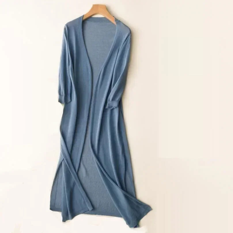 Women's open front long cardigan with draped maxi-length silhouette and ribbed cuffs
