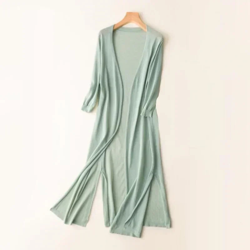 Women's open front long cardigan with draped maxi-length silhouette and ribbed cuffs