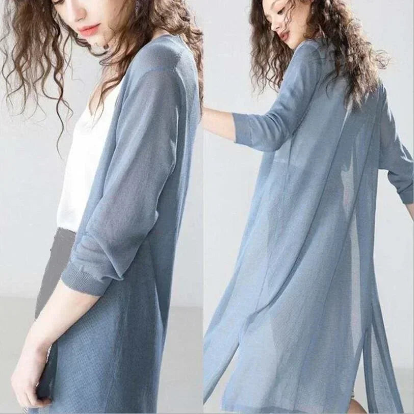 Women's open front long cardigan with draped maxi-length silhouette and ribbed cuffs