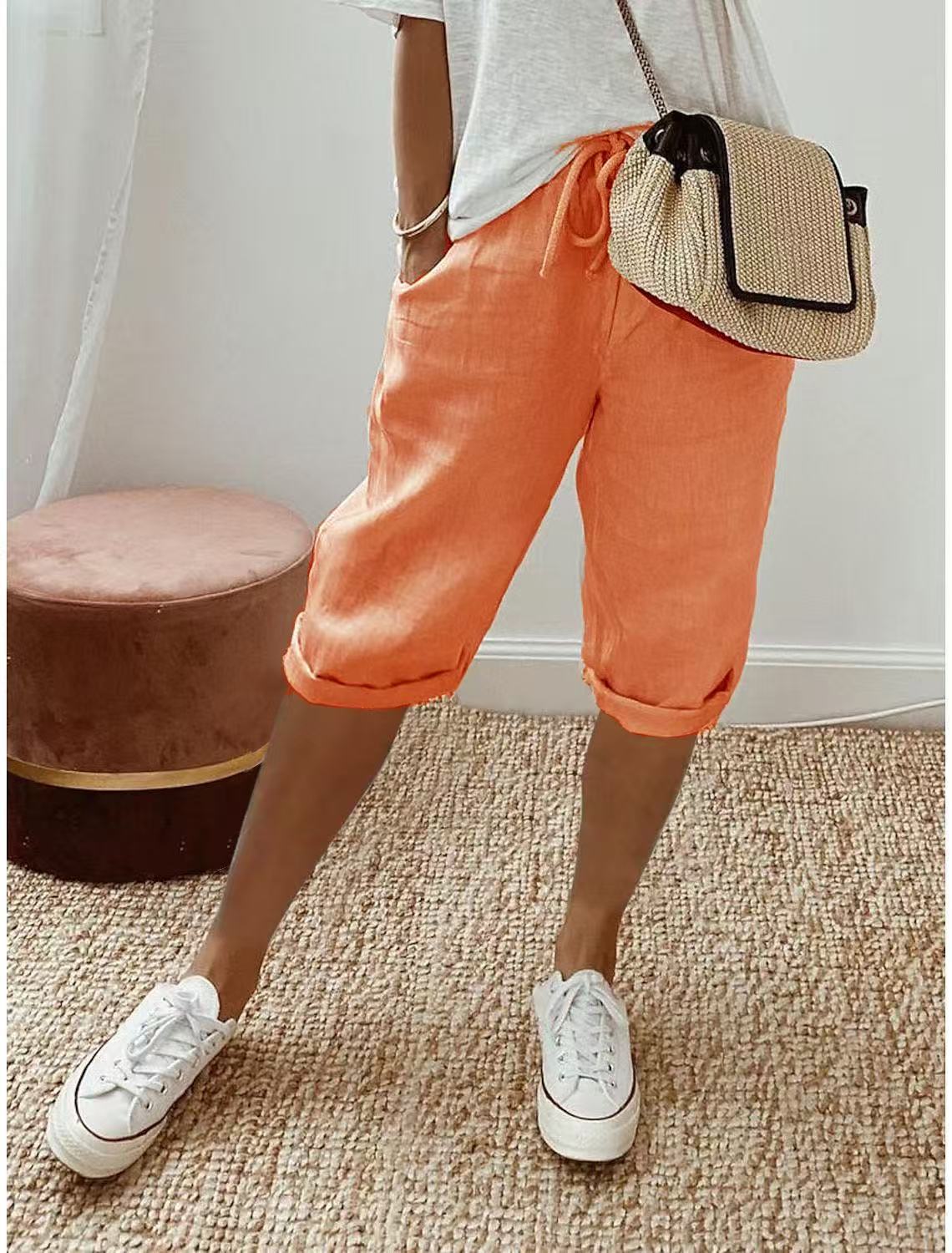 Drawstring Rolled Hem Cropped Linen Trousers