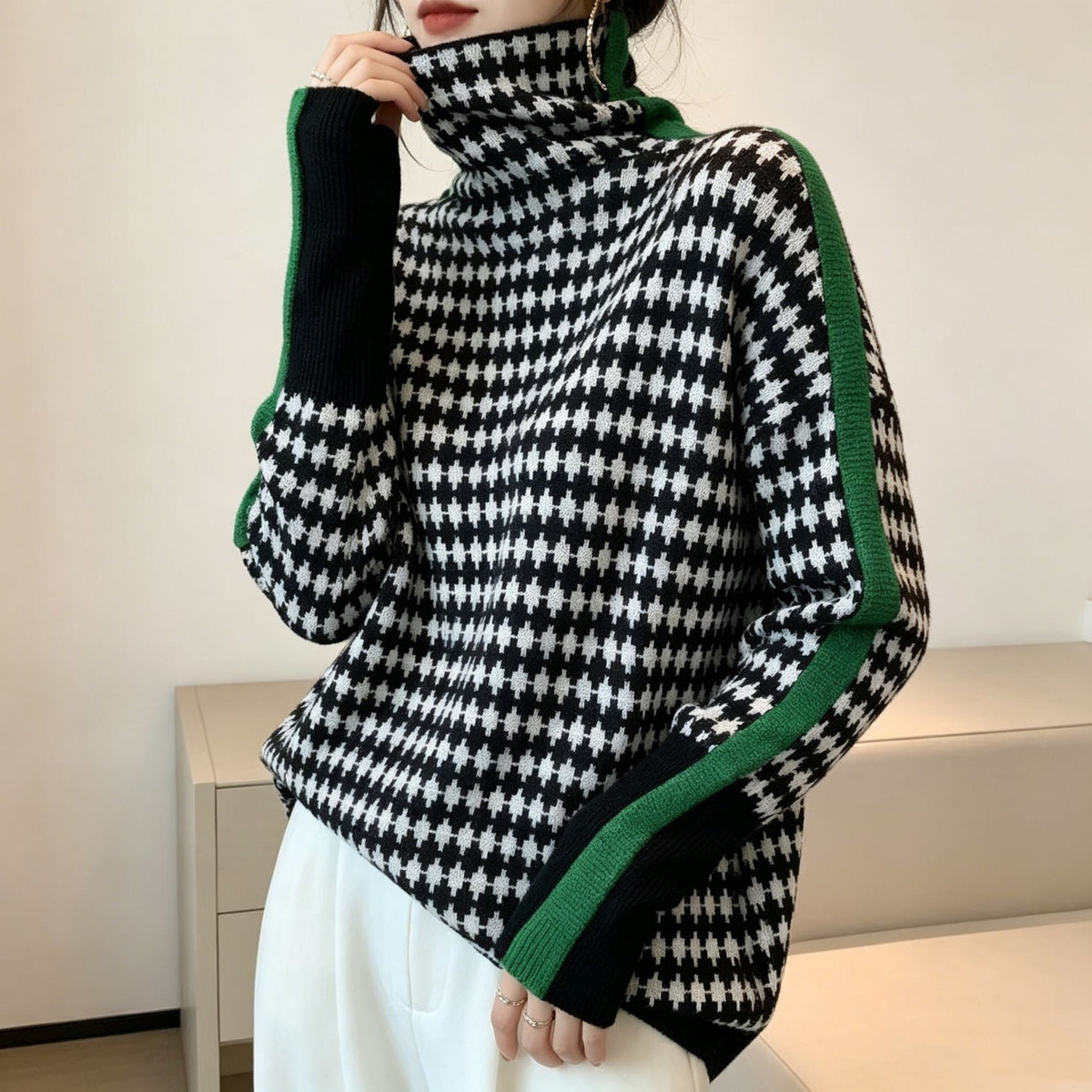 Women's herringbone mock neck pullover sweater with long sleeves and contrast trim