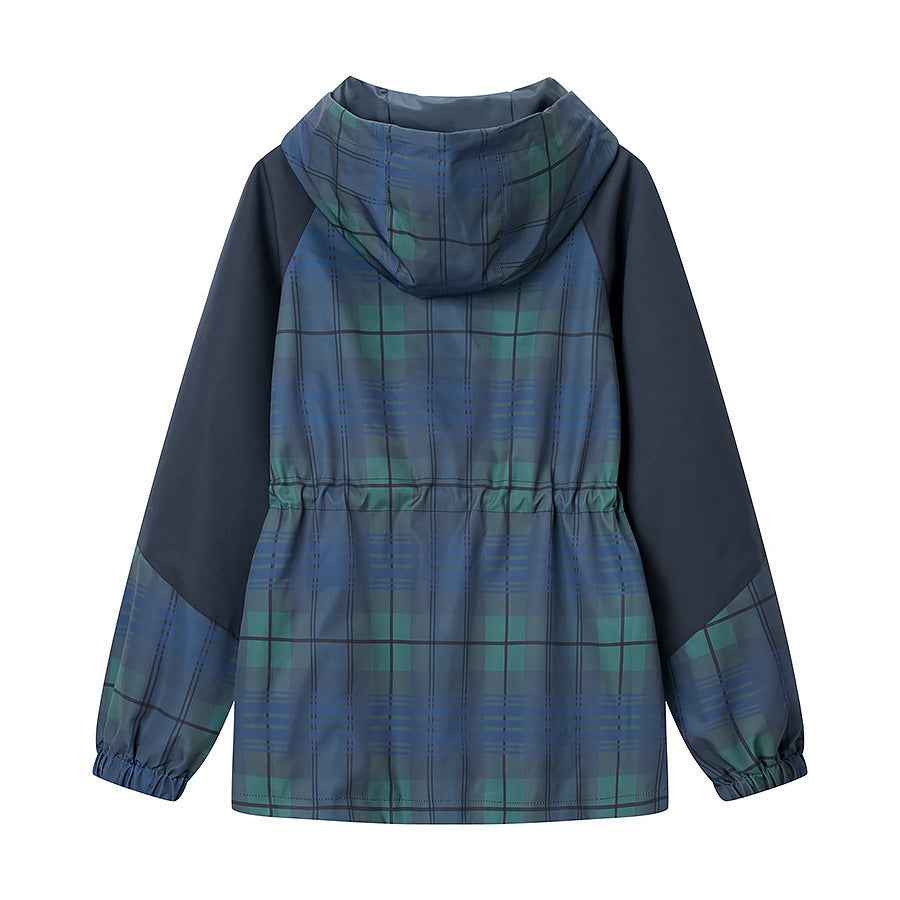 Women's navy checked hooded jacket with drawstring waist and long sleeves