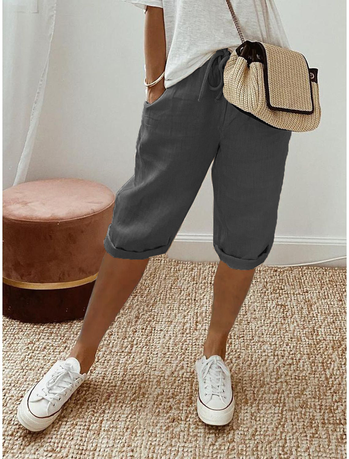 Drawstring Rolled Hem Cropped Linen Trousers