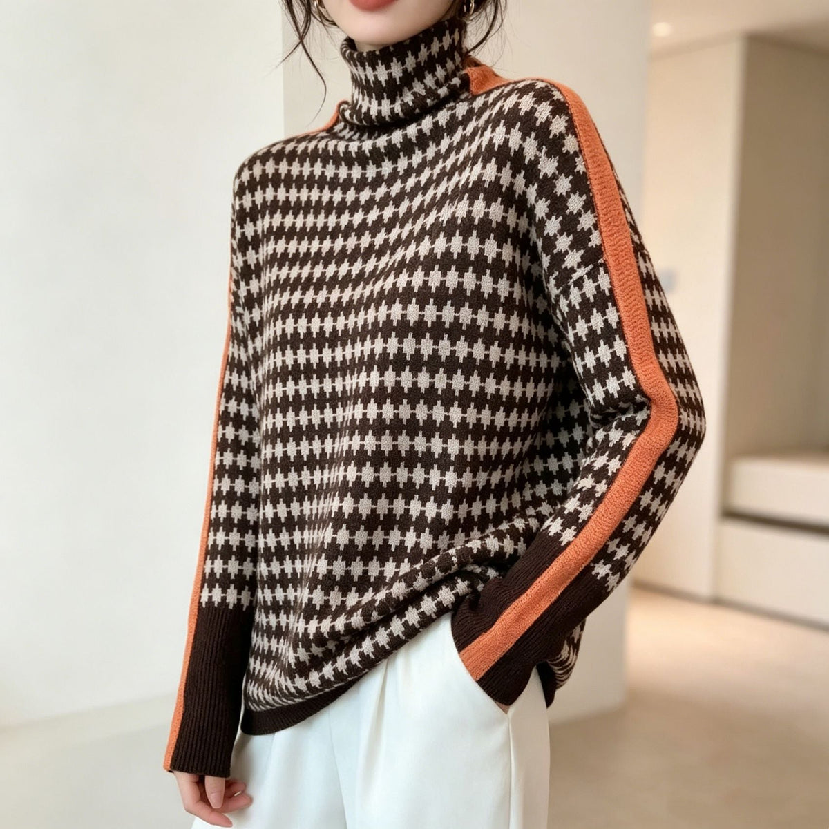 Women's herringbone mock neck pullover sweater with long sleeves and contrast trim