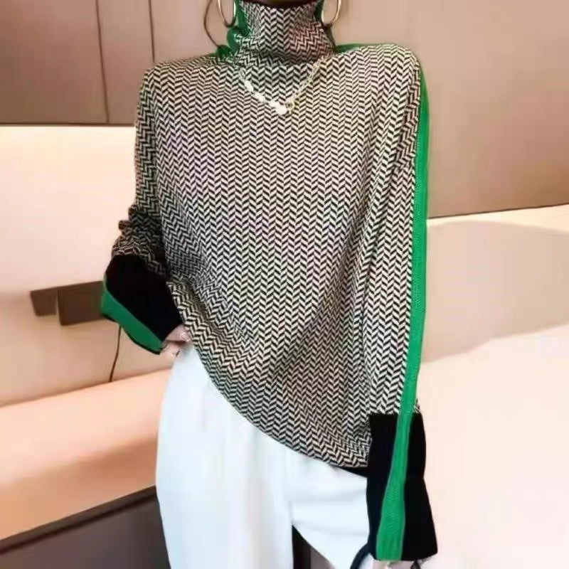 Women's herringbone mock neck pullover sweater with long sleeves and contrast trim