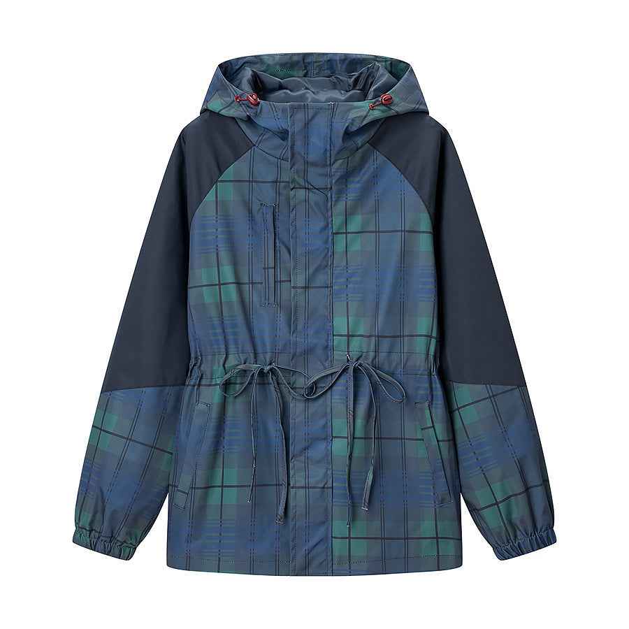 Women's navy checked hooded jacket with drawstring waist and long sleeves