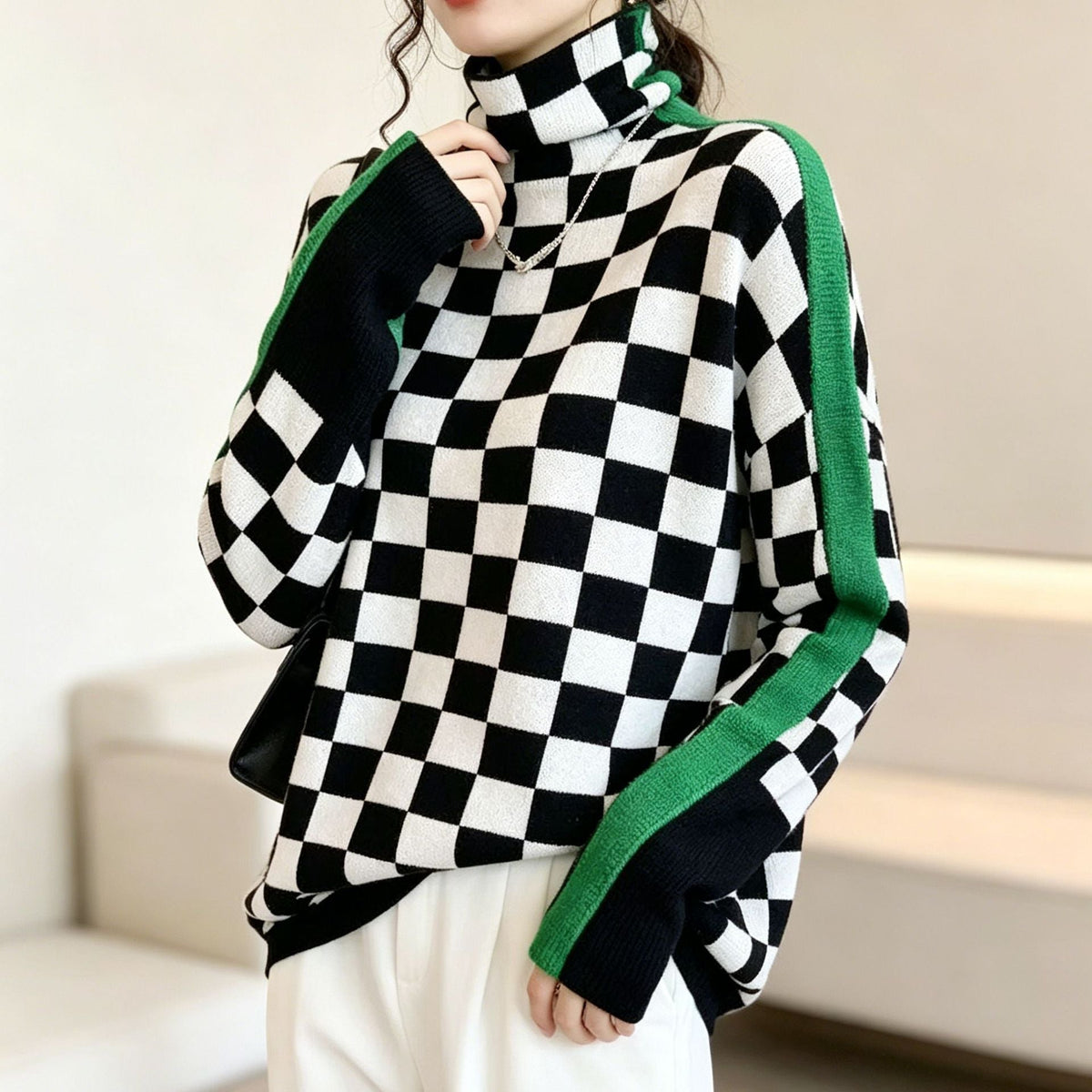 Women's herringbone mock neck pullover sweater with long sleeves and contrast trim