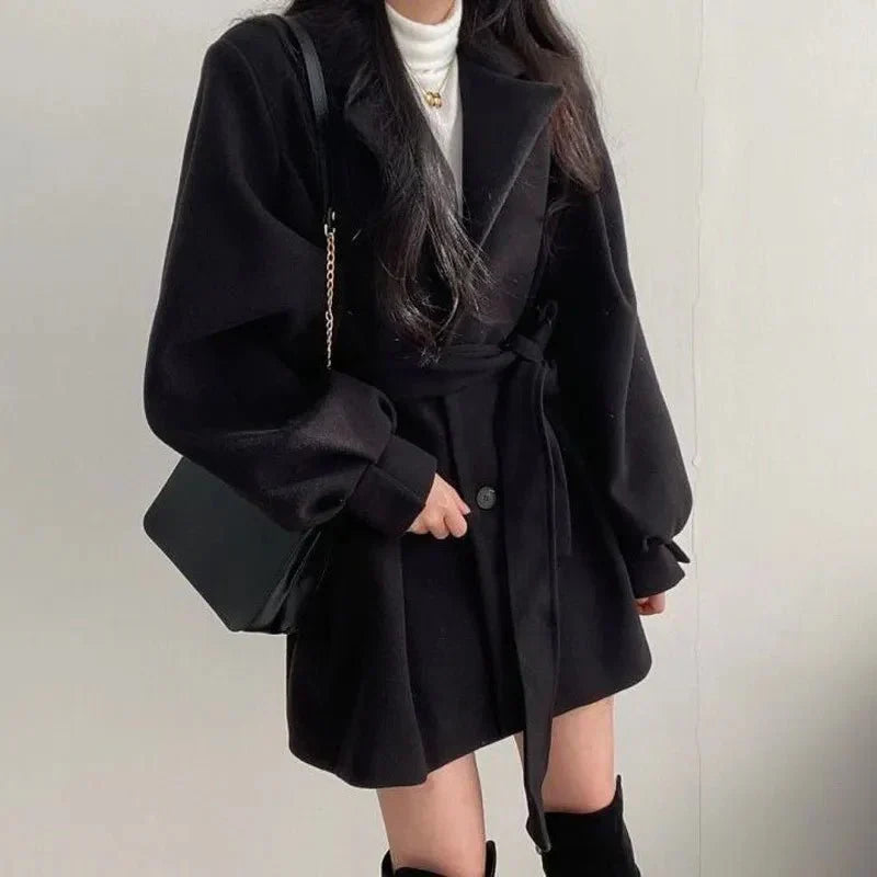 Women's Belted Balloon Sleeve Lapel Coat