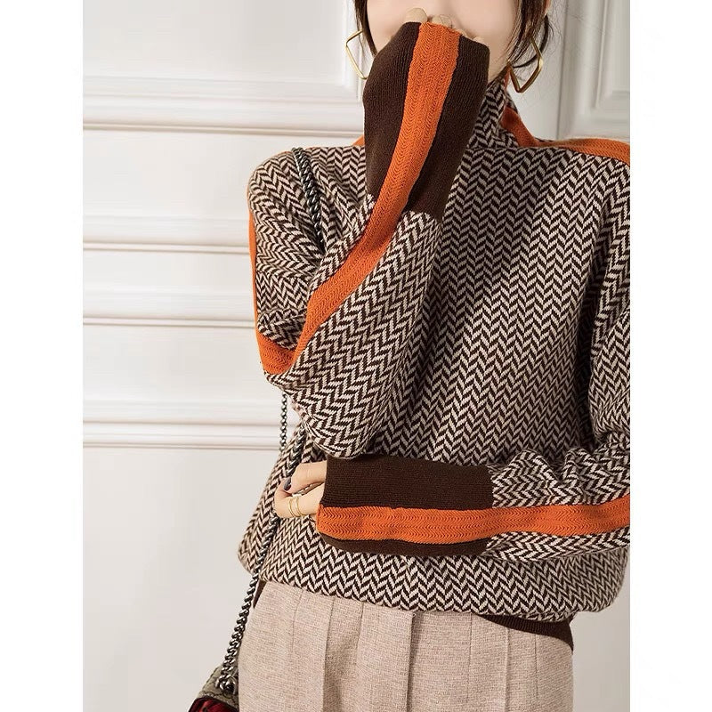 Women's herringbone mock neck pullover sweater with long sleeves and contrast trim