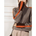 Women's herringbone mock neck pullover sweater with long sleeves and contrast trim