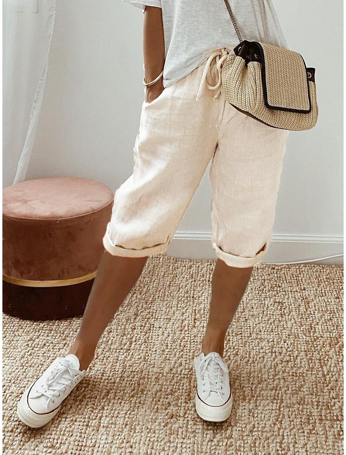 Drawstring Rolled Hem Cropped Linen Trousers