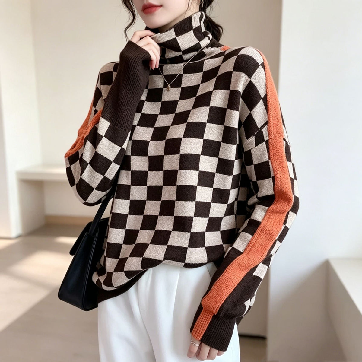 Women's herringbone mock neck pullover sweater with long sleeves and contrast trim