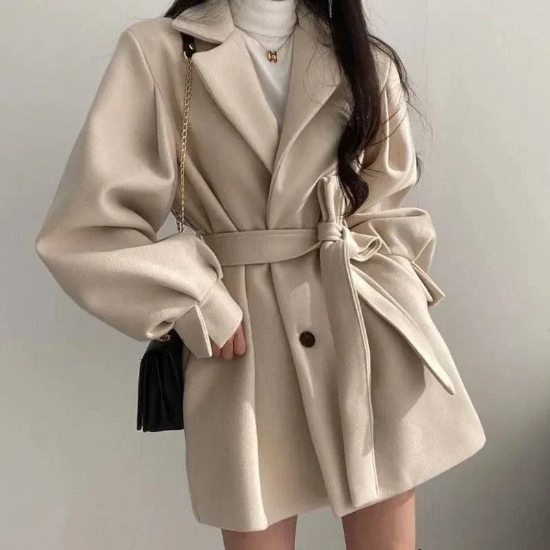 Women's Belted Balloon Sleeve Lapel Coat