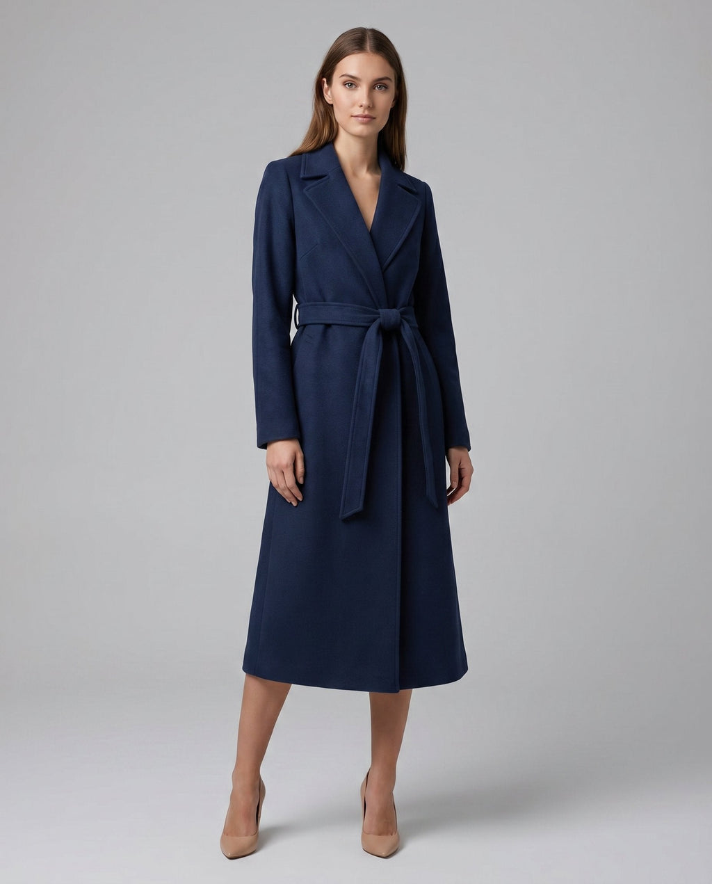 Manteau trench long en mélange de laine pour femme, avec ceinture