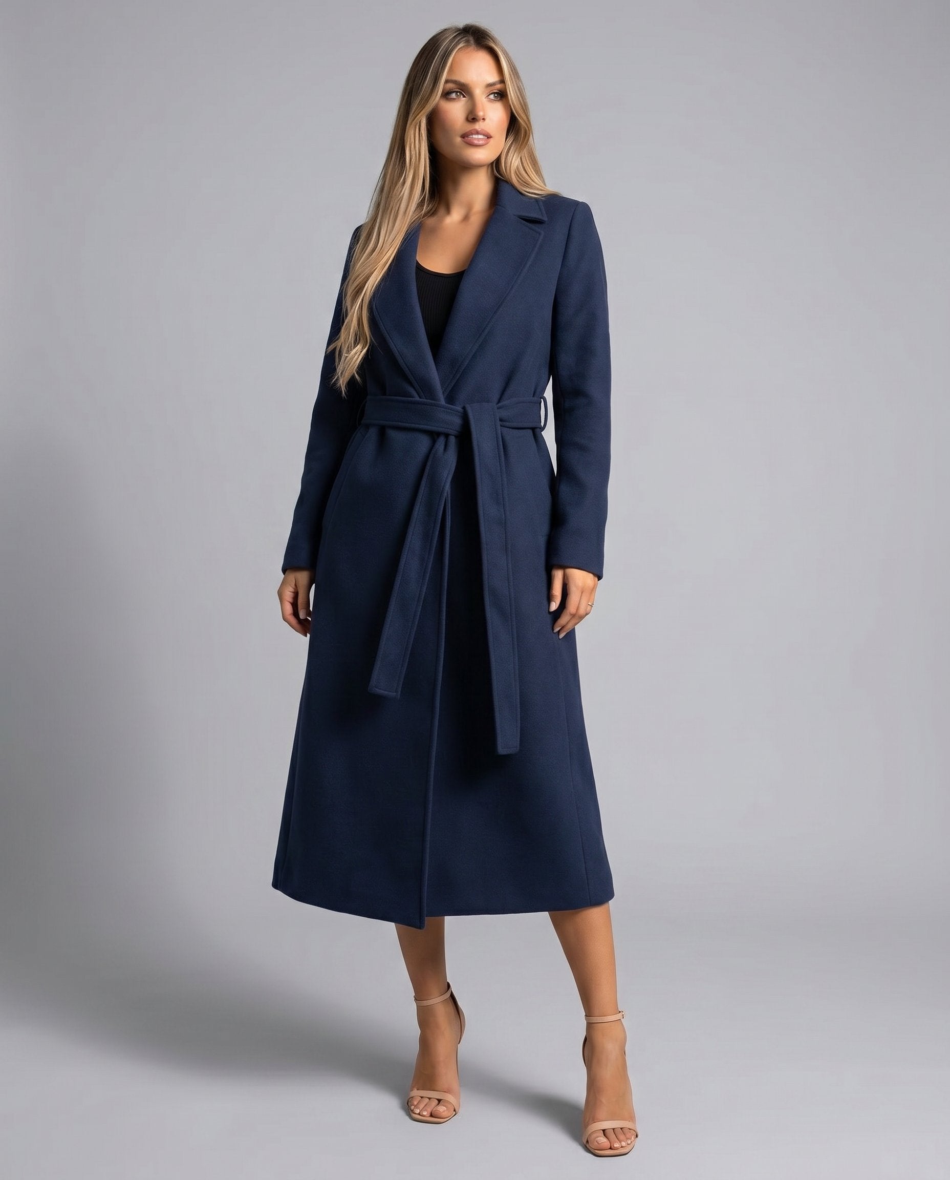 Manteau trench long en mélange de laine pour femme, avec ceinture