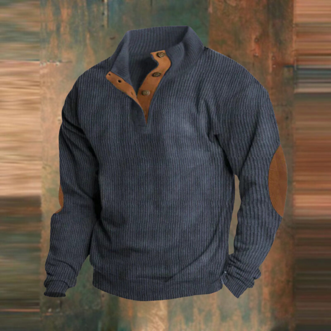 Men's Ribbed Stand Collar Pullover with Elbow Patches