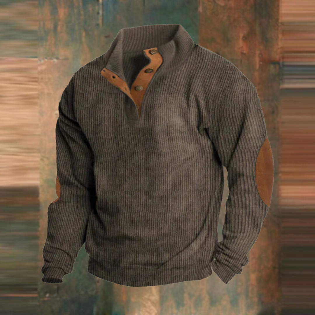Men's Ribbed Stand Collar Pullover with Elbow Patches