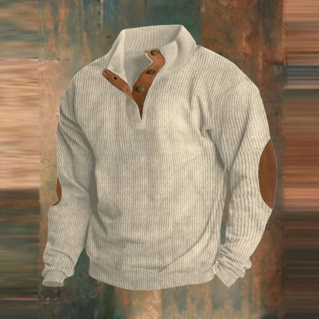Men's Ribbed Stand Collar Pullover with Elbow Patches