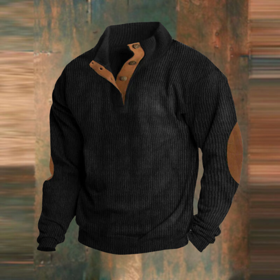 Men's Ribbed Stand Collar Pullover with Elbow Patches