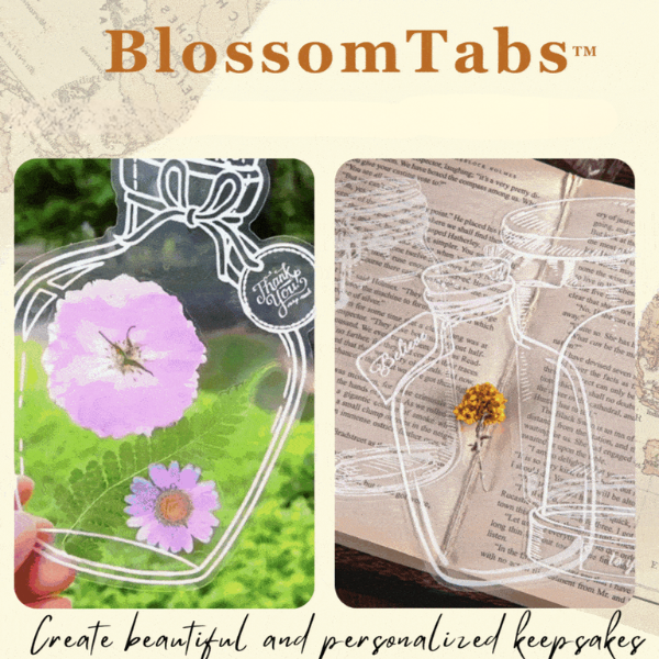 Clear pressed flower bookmark sheet with white floral outline designs