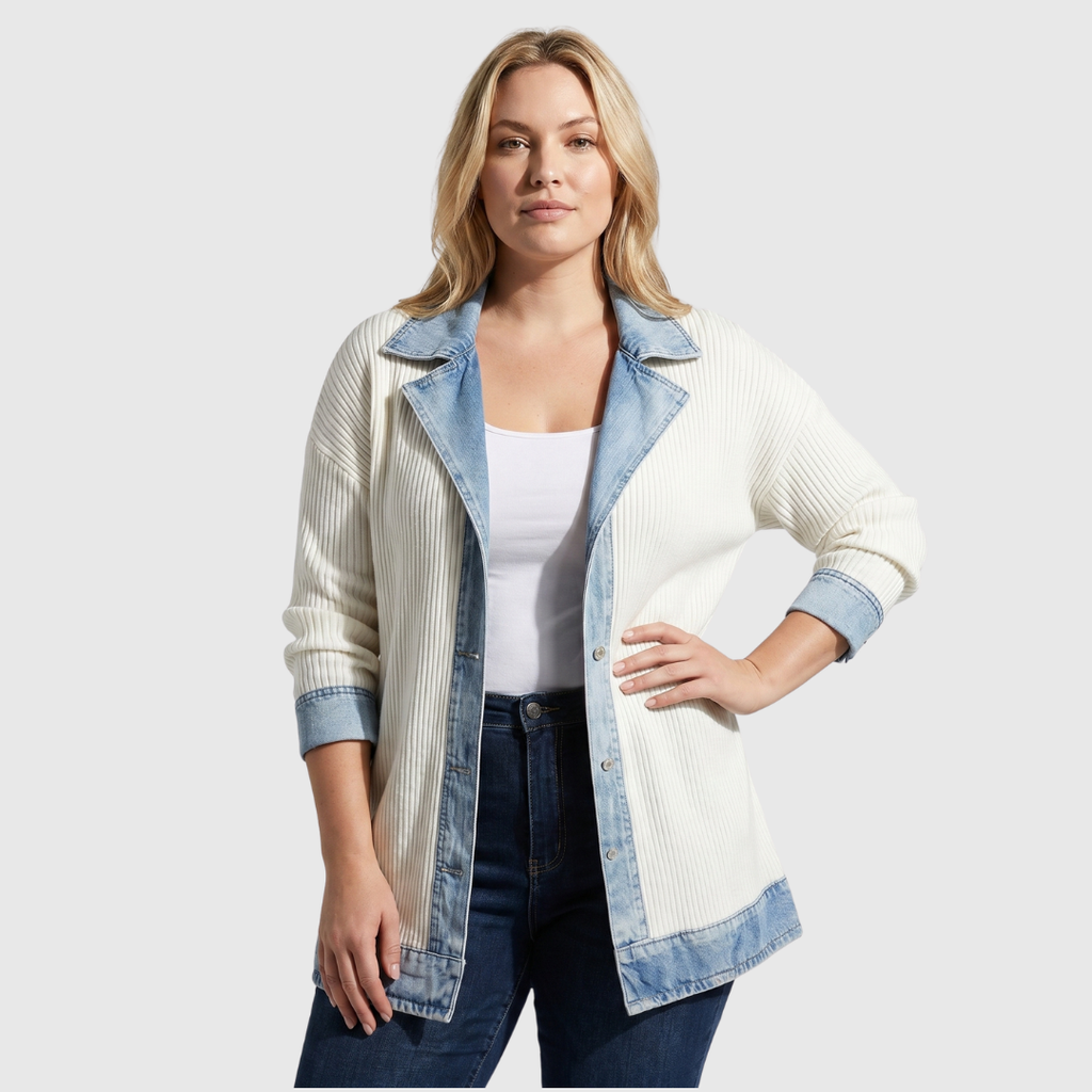 Cardigan tricoté côtelé pour femme avec col bordé de denim