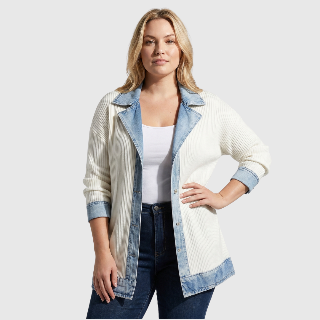 Cardigan tricoté côtelé pour femme avec col bordé de denim
