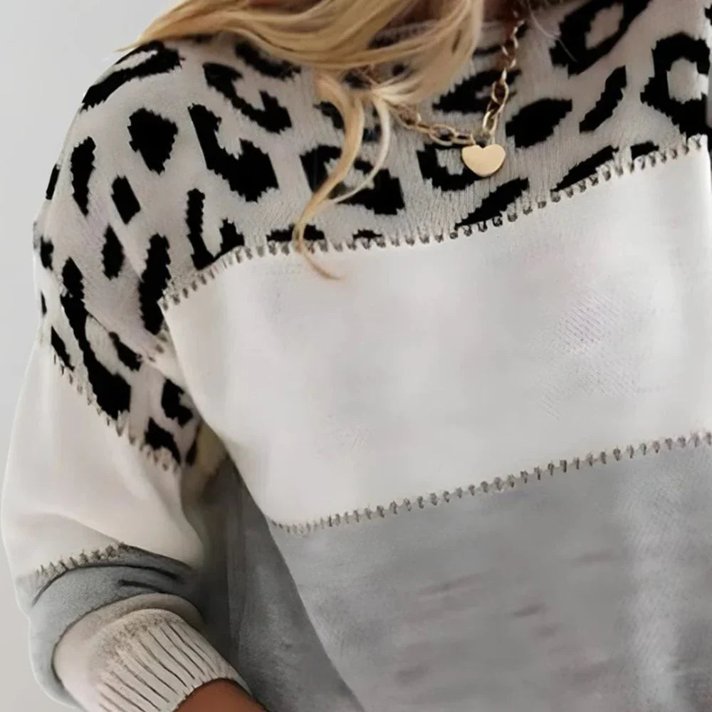 Pull à col rond pour femme à imprimé léopard et blocs de couleurs