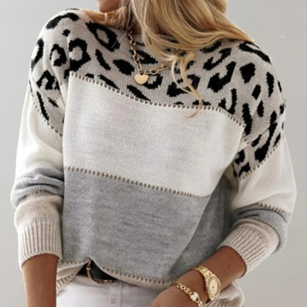 Pull à col rond pour femme à imprimé léopard et blocs de couleurs