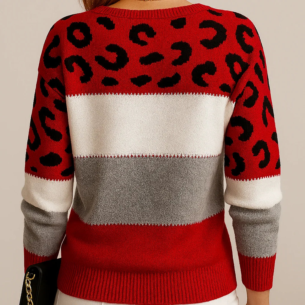 Pull à col rond pour femme à imprimé léopard et blocs de couleurs