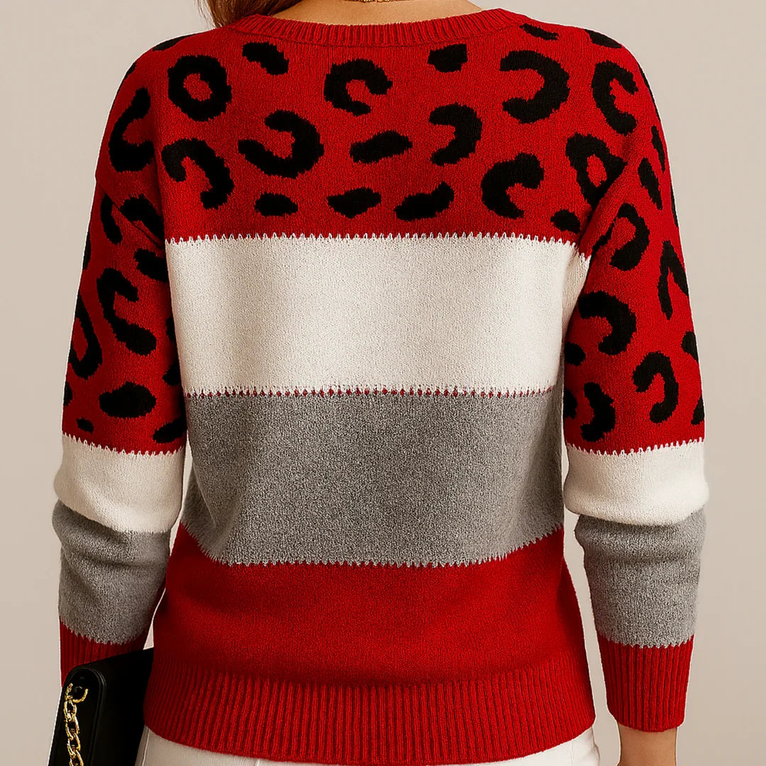 Pull à col rond pour femme à imprimé léopard et blocs de couleurs