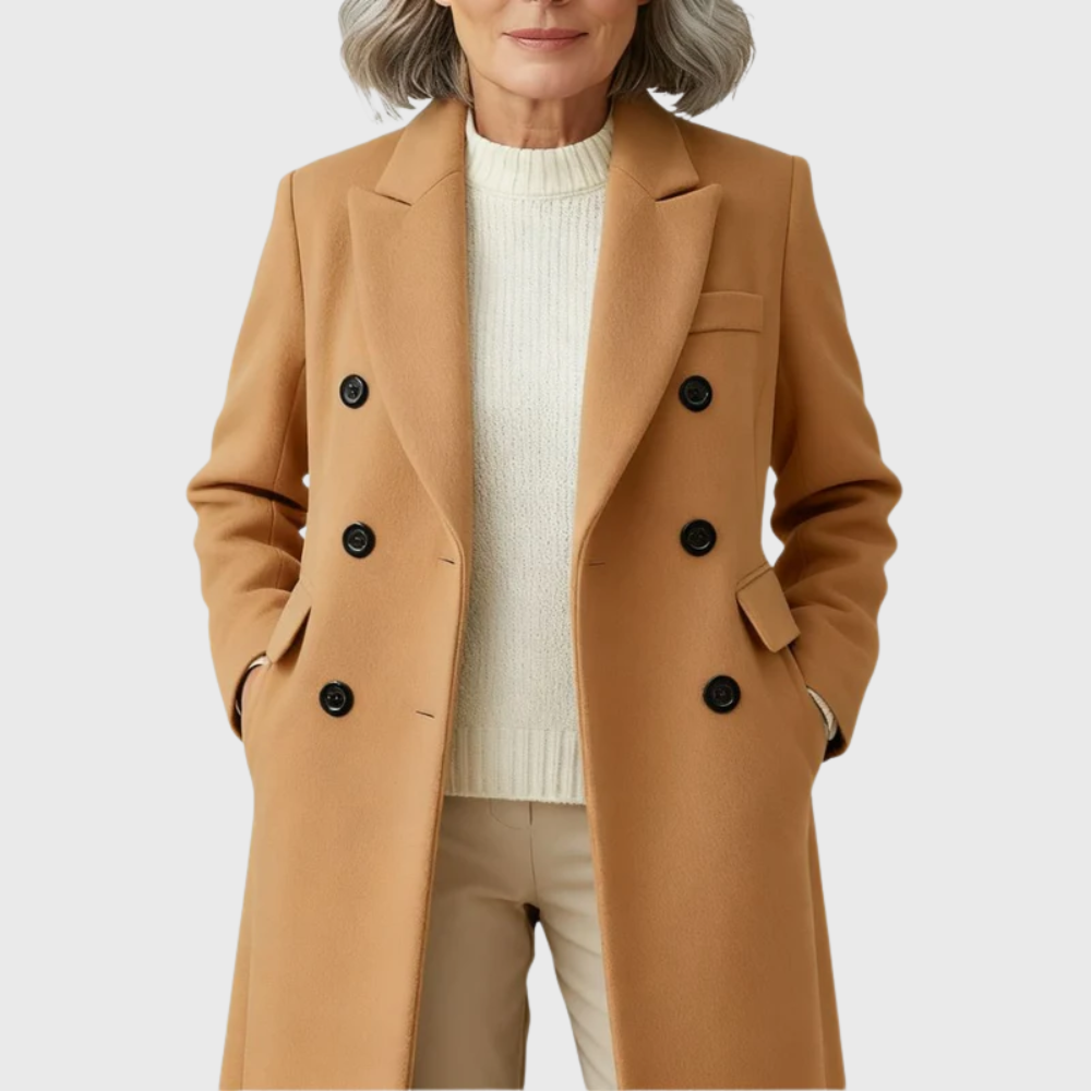 Manteau long femme ajusté à double boutonnage