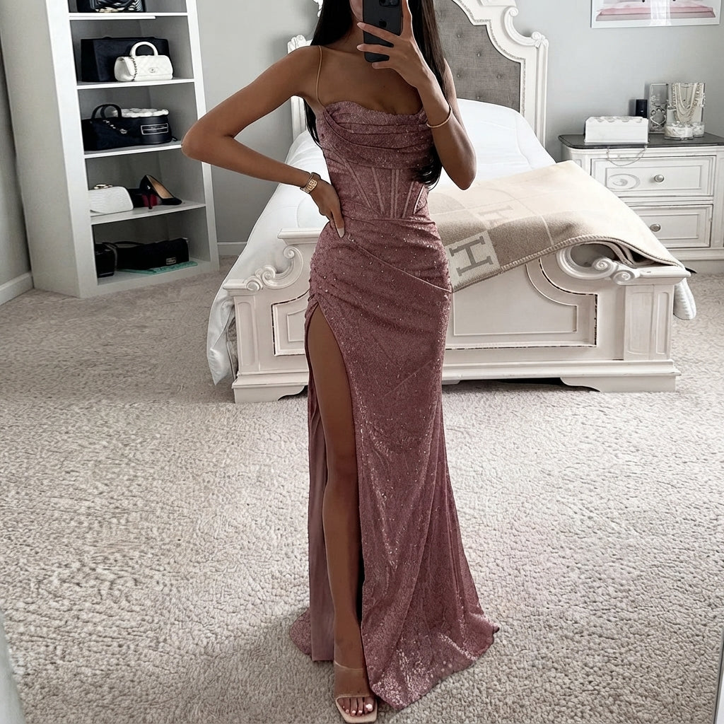 Women's Glitter Sweetheart Maxi Dress with Thigh Slit